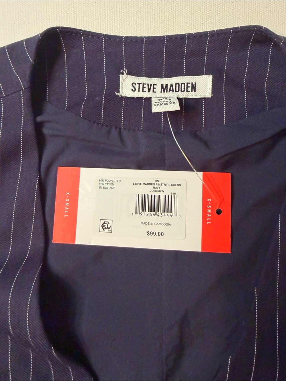 NWT Women's Steve Madden Navy Pinstripe Button-Front Dress Size XS (D2) - Picture 3 of 4